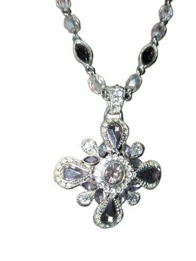 N R Lovely Maltese Cross Pendant Necklace Smoke Acrylic grey & Clear Rhinestones
